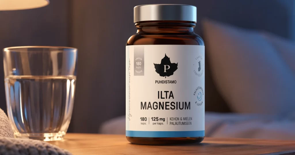 ilta magnesium ja lasi makuuhuoneen yöpöydällä